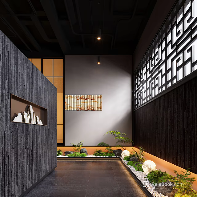 Chinese Style Interior Landscape With Green Plants Rocks And Art Decor 3d model 
