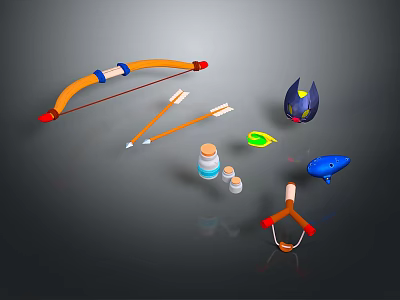 Colorful Children's Play Toys Including Bow Arrows Helmet Spinning Top And Slingshot 3d model