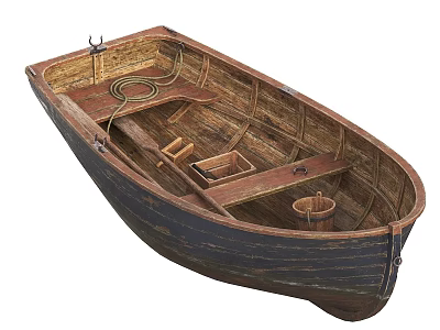 Vintage Handmade Wooden Boat With Interior Seat Rope Box And Bucket 3d model