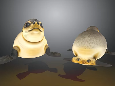 Two Cute 3D Rendered Seals Resting Peacefully With Reflections On Smooth Surface 3d model