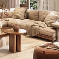 Natural Living Room Interior with Rattan Pendant Light Sofa and Wooden Coffee Table
