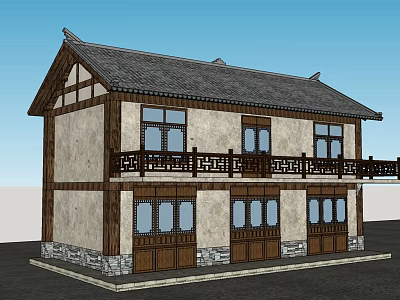 Traditional Ancient Architecture With Two Story Structure Wooden Railings Stone Base and Tiled Roof 3d model
