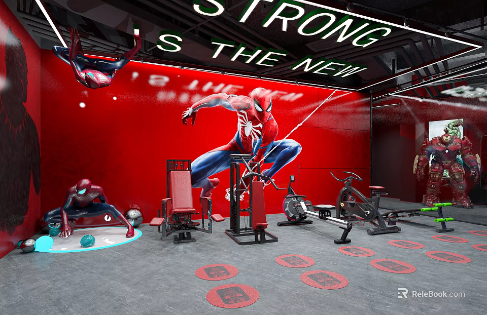 Spider Man Themed Gym Interior Featuring Fitness Equipment And Strong Is The New 3d model 