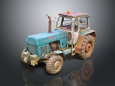 Vintage Blue Tractor with Orange Warning Light and Muddy Farm Tires 3d model