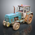 Vintage Blue Tractor with Orange Warning Light and Muddy Farm Tires