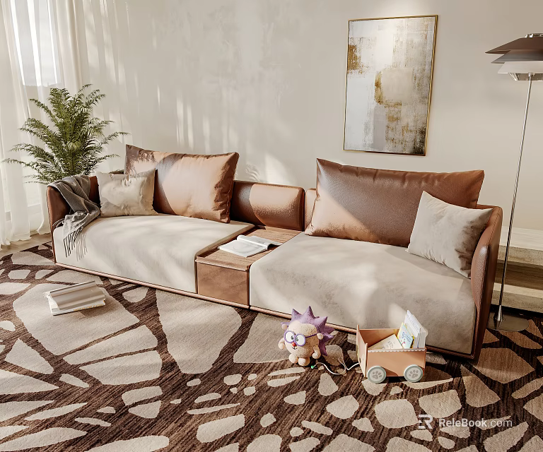 Two Seater Sofa with Brown Beige Cushions Patterned Rug Potted Plant and Wall Art 3d model 