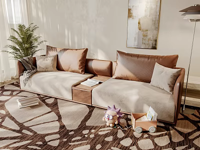 Two Seater Sofa with Brown Beige Cushions Patterned Rug Potted Plant and Wall Art 3d model