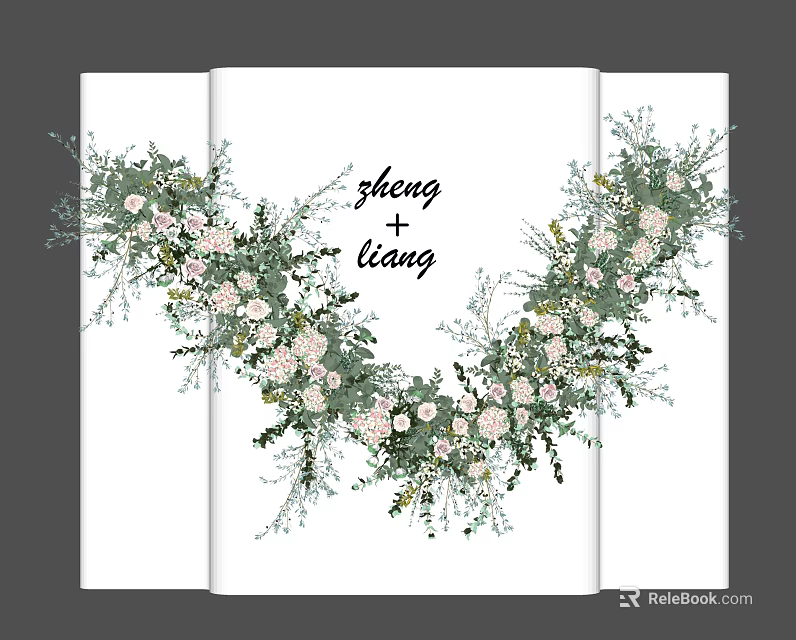 Wall Decor With Three Panel Canvas Pink White Flowers Green Leaves And Shang Tang Text 3d model 
