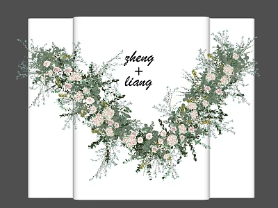 Wall Decor With Three Panel Canvas Pink White Flowers Green Leaves And Shang Tang Text 3d model