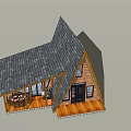 Vacation Rental House With Triangular Roof Wooden Structure Large Glass Windows Patio And Stone Base