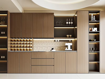 Modern Wooden Sideboard Design With Storage Cabinets Glassware And LED Lighting 3d model
