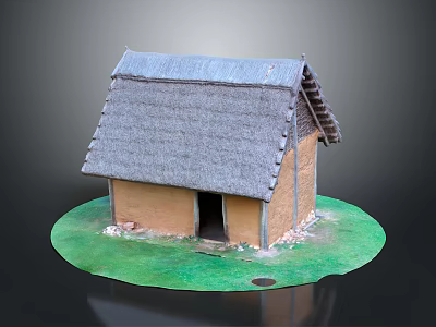 Traditional Thatched Roof Building Model With Mud Walls Small Entrance And Green Grassy Base 3d model