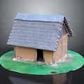 Traditional Thatched Roof Building Model With Mud Walls Small Entrance And Green Grassy Base