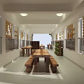 Modern Open Interior Space Featuring Long Wooden Tables Built-in Bookshelves Glass Railings And Large Windows