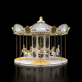 Classic Carousel Amusement Ride With Yellow And White Striped Canopy Golden Decorations And Horse Seats