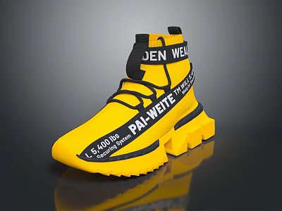 Stylish Yellow Black High-Top Shoes with Branded Text and Thick Chunky Sole Design 3d model