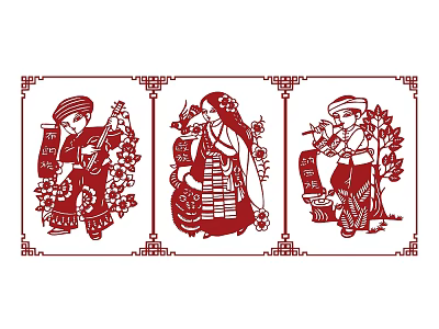 Chinese Traditional Paper Cut Art With Three Ethnic Figures And Floral Borders 3d model