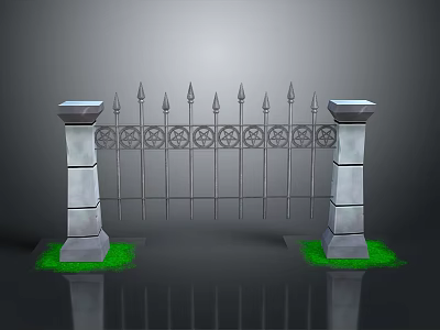 Wrought Iron Garden Gate Furniture With Stone Pillars Spiked Decorations And Grass 3d model