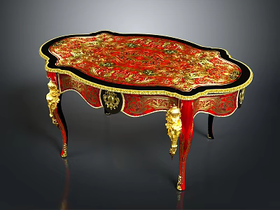 Luxurious Ornate Table With Red Patterned Surface Gold Trim And Intricate Carved Legs 3d model