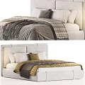 Modern Double Bed With Upholstered Headboard Plaid Blanket And Decorative Pillows 3d model