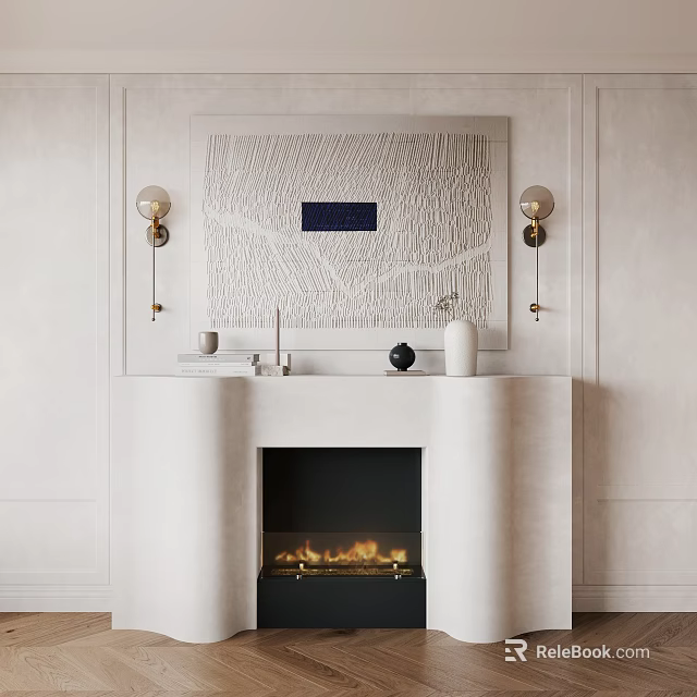 Modern Fireplace With Wall Art And Sconces In Neutral Room 3d model 
