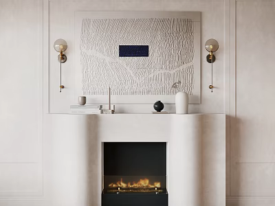 Modern Fireplace With Wall Art And Sconces In Neutral Room 3d model