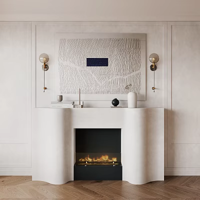 Modern Fireplace With Wall Art And Sconces In Neutral Room 3d model