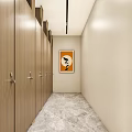 Hotel Bathroom Interior With Marble Walls Double Sinks Wooden Doors And Lighted Mirror