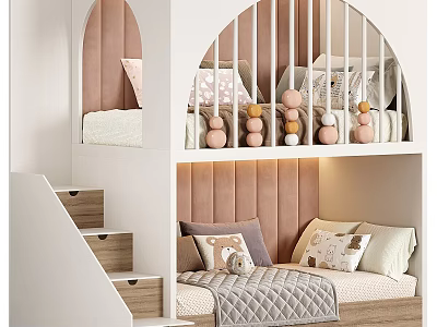 Kids Bunk Bed With Stairs Upholstered Headboard And Decorative Storage Shelves 3d model
