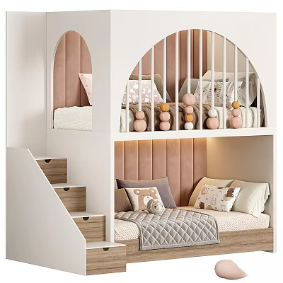 Kids Bunk Bed With Stairs Upholstered Headboard And Decorative Storage Shelves 3d model