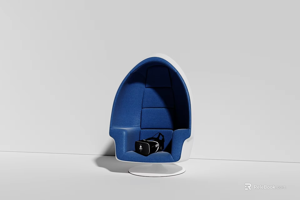 Egg Shaped Blue And White Seat With Black Headphones Inside 3d model 