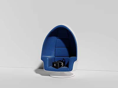 Egg Shaped Blue And White Seat With Black Headphones Inside 3d model