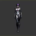 Futuristic Female Robot In Sleek Silver Bodysuit With Purple Helmet And Glowing Accents