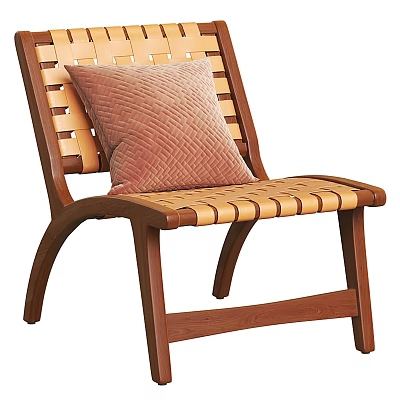 Elegant Wooden Frame Leisure Chair with Woven Seat Backrest and Pink Cushion 3d model