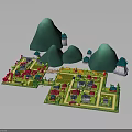 3D Model Village Scene With Green Mountains And Colorful Traditional Buildings