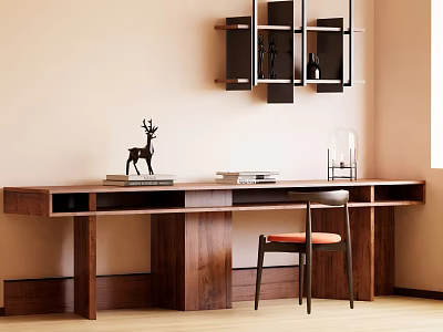 Wooden Desk with Deer Figurine Books and Chair with Orange Cushion Near Wall Mounted Shelf 3d model