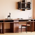 Wooden Desk with Deer Figurine Books and Chair with Orange Cushion Near Wall Mounted Shelf