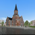 European Style Church Red Brick Exterior Gothic Spire Waterfront With Trees People And Blue Sky