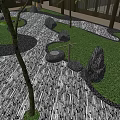 Modern Garden Landscape With Trees Rocks Grass Stone Paths And Wooden Structure