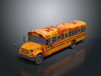 Rusty Yellow Old School Bus Exterior View On Gray Reflective Surface 3d model Rusty Yellow Old School Bus Exterior View On Gray Reflective Surface 3d model