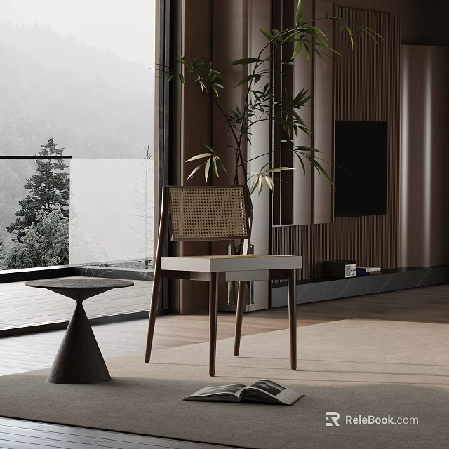 Contemporary Leisure Chair With Rattan Backrest And Side Table Near Large Window With Mountain View 3d model 