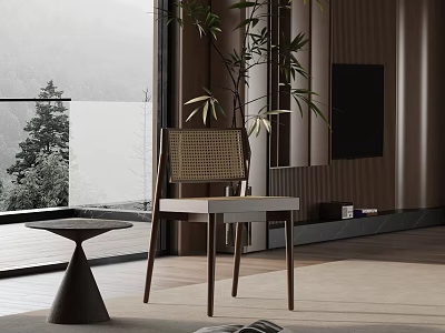 Contemporary Leisure Chair With Rattan Backrest And Side Table Near Large Window With Mountain View 3d model