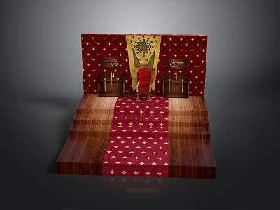 Elegant Red Chair Furniture With Gold Patterns On Red Carpet And Wooden Steps 3d model