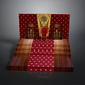 Elegant Red Chair Furniture With Gold Patterns On Red Carpet And Wooden Steps