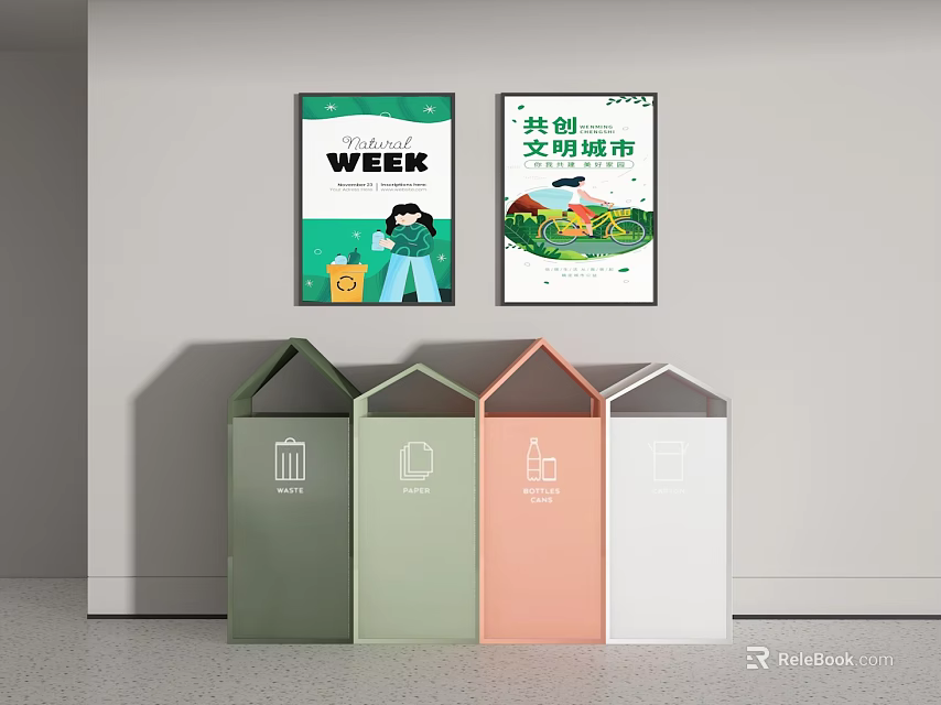 Public Facilities Featuring Four Colored Trash Bins With Classification Signs And Posters 3d model