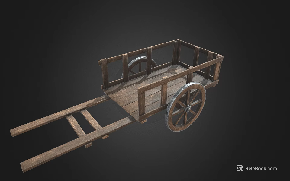 Vintage Wooden Handcart With Spoked Wheels And Wooden Plank Bed 3d model 