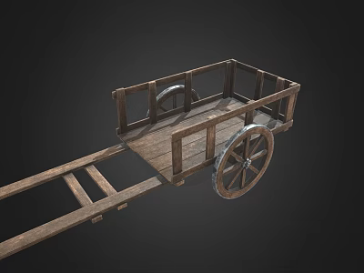 Vintage Wooden Handcart With Spoked Wheels And Wooden Plank Bed 3d model