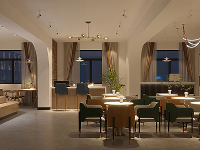 Elegant Modern Lounge Area Interior With Green Chairs Round Tables And Chandeliers 3d model