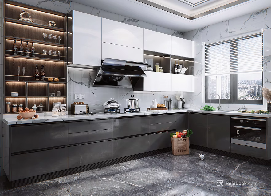 Modern Kitchen Interior With Stylish Cabinets And Marble Countertop Design 3d model