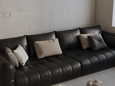 Black Leather Three-Seater Sofa With Multiple Colored Cushions In Modern Interior 3d model